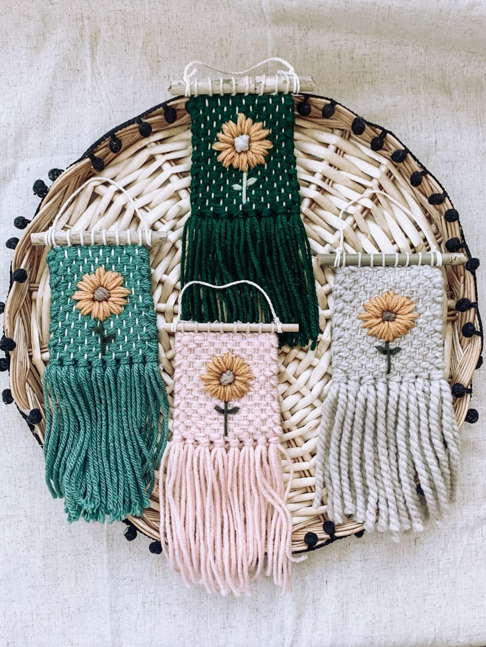 Mini Woven Wall Hanging Decor - Sunflower Embroidery by Hippie & Fringe ...