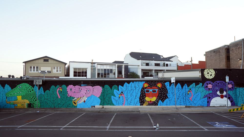 Animals playing musical instruments mural by Mulga at Waterview Street ...