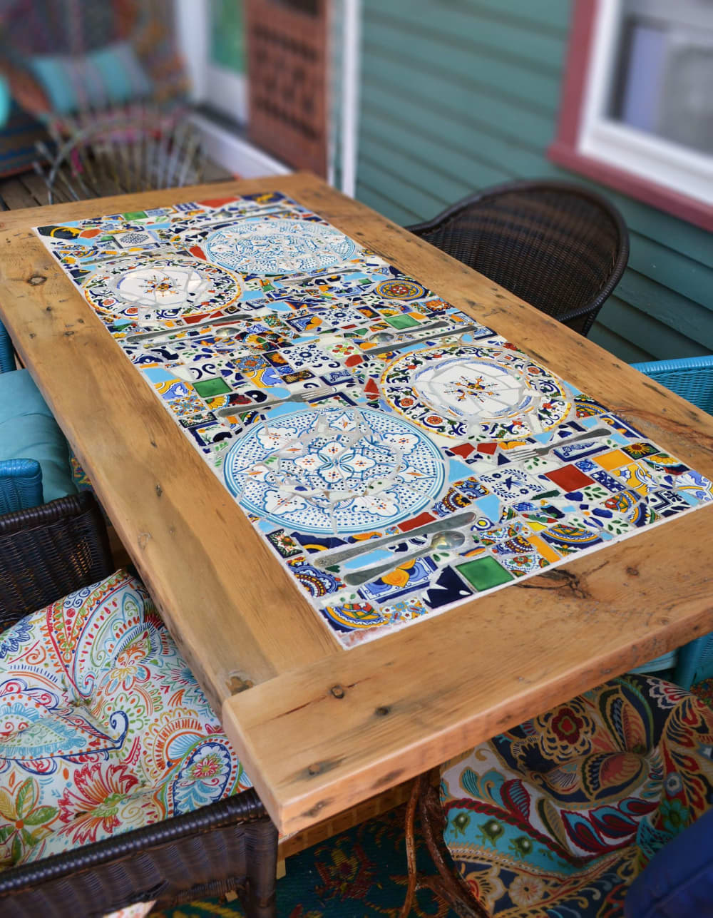 Rustic wood with mosaic tile inlay outdoor table by Abodeacious ...