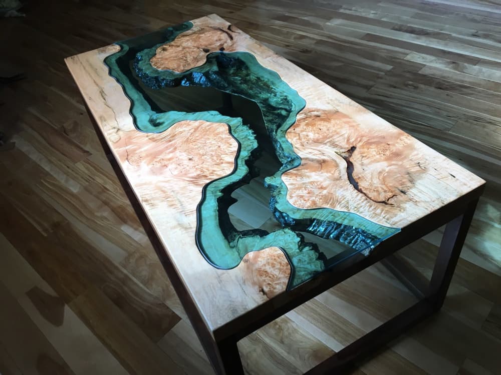 7' 6 x 40 Maple Tabletop with Turquoise Blue Epoxy River
