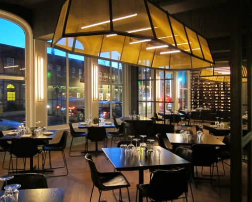 Custom Ceiling Fixture | Chandeliers by CP Lighting | Vespa Restaurant in Westport. Item composed of brass