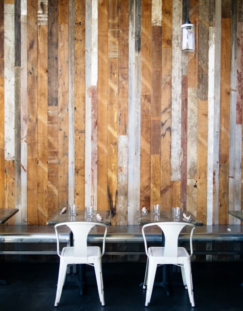 Reclaimed Barn Wood Wall | Interior Design by Arika Jacobs Design Studio | Sage Vegan Bistro - Culver City in Culver City