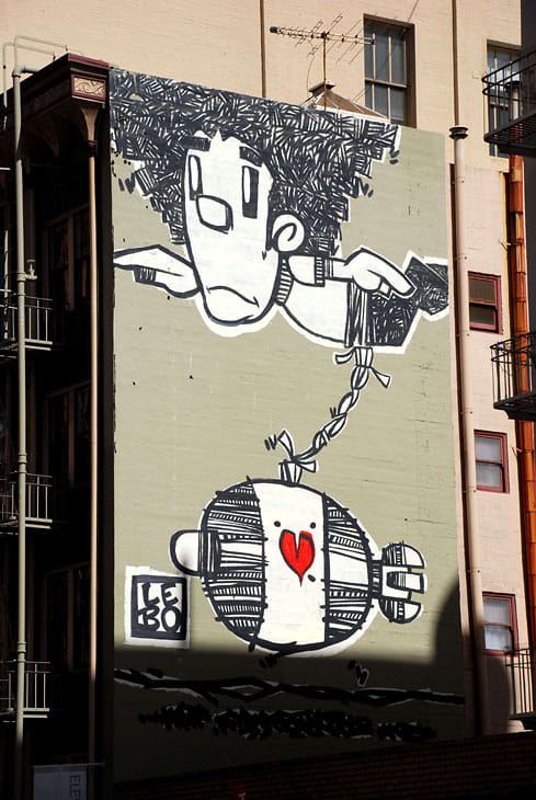 Flying Afro | Street Murals by David LeBatard (Lebo) | 447 Bush Street, Financial District in San Francisco