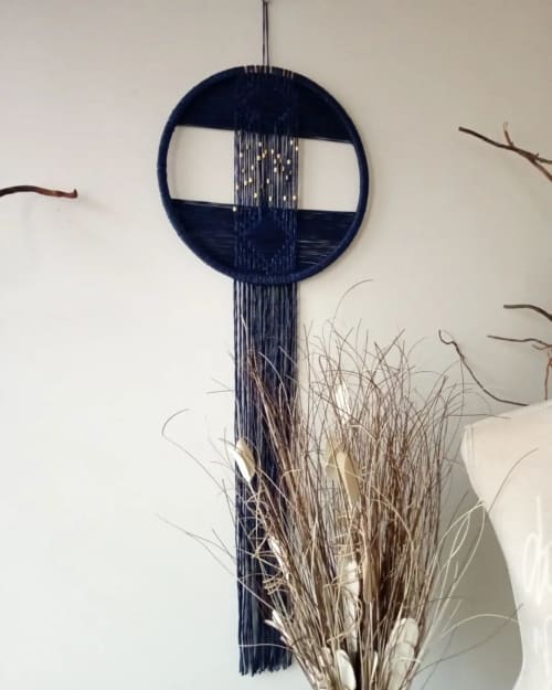 Round Dark Blue Tapestry | Wall Hangings by Magdyss Boutique. Item made of cotton with fiber works with boho & contemporary style