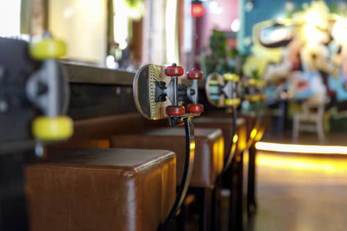Penny Board Bar Stools | Chairs by Kyla Coburn Designs | Troop in Providence. Item made of steel with leather