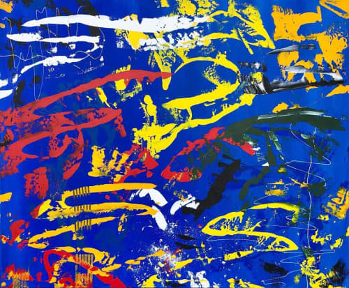 Splash on Blue | Oil And Acrylic Painting in Paintings by Hugo Auler Jr. Art. Item made of canvas