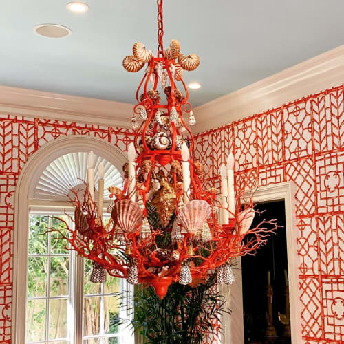 Red Coral and Shell Chandelier with. Brass Bells | Chandeliers by Christa Wilm. Item composed of brass