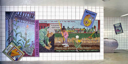 Cannas & Corn: A Community Garden | Public Mosaics by Olivia Gude | Central Park (CTA Pink) in Chicago