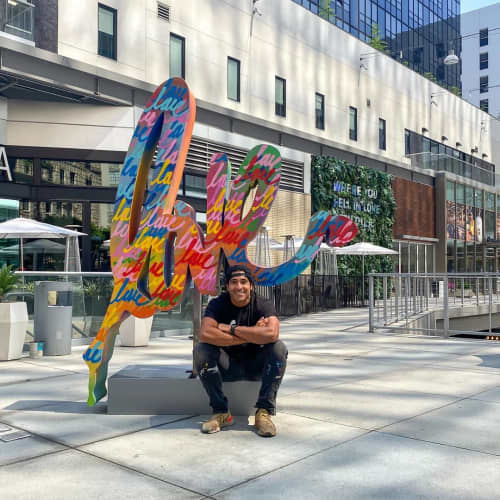 Love Sculpture | Public Sculptures by Ruben Rojas | The BLOC,  DTLA in Los Angeles. Item composed of steel
