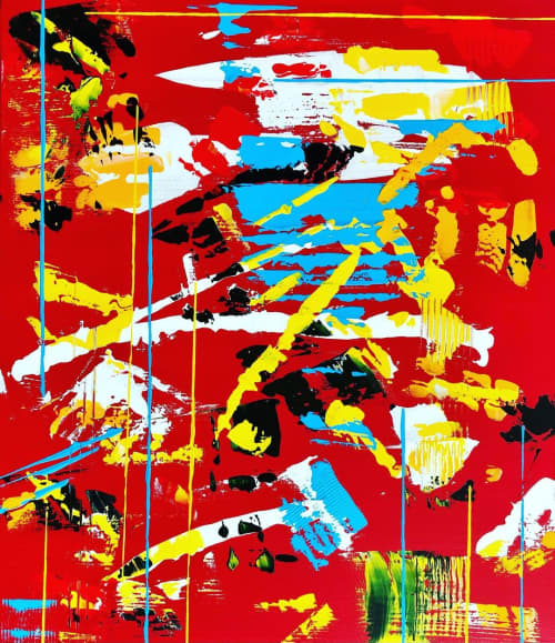 Splash on Chaotic Red | Oil And Acrylic Painting in Paintings by Hugo Auler Jr. Art. Item composed of canvas