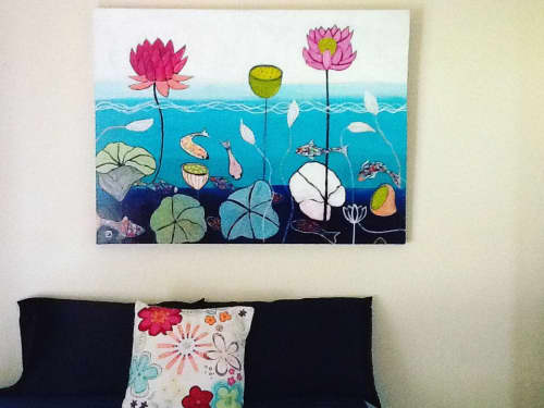 Fish and Water Lilies Painting | Oil And Acrylic Painting in Paintings by Rhonda Davies Art. Item composed of synthetic