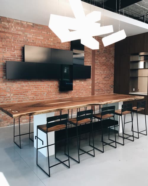 Walnut Slabs and Bar Stools by MFGR Designs at Yellowstone Bank