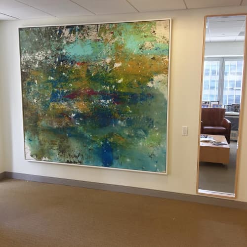 Abstract Painting - Indigo & Green | Oil And Acrylic Painting in Paintings by Andrew Cotton Art 100% COTTON | The Lexington Hotel, Autograph Collection in New York. Item composed of canvas
