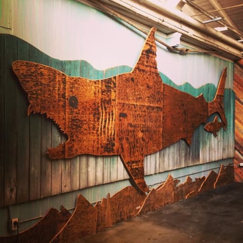 Great Wood Shark | Wall Sculpture in Wall Hangings by Monkwood Studios | Fullerton Downtown Plaza in Fullerton. Item composed of wood