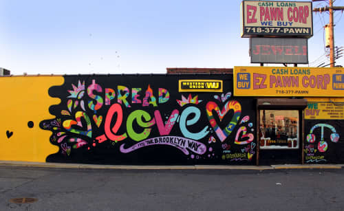 Spread Love | Street Murals by Jason Naylor | EZ Pawn Corp in Brooklyn. Item made of synthetic