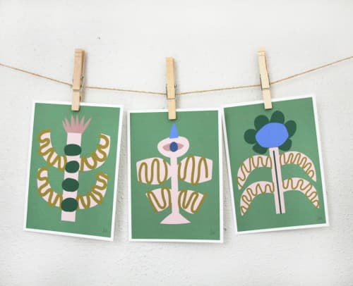 Bird and Flower 3 Prints Green | Prints by Leah Duncan. Item composed of paper in mid century modern or contemporary style