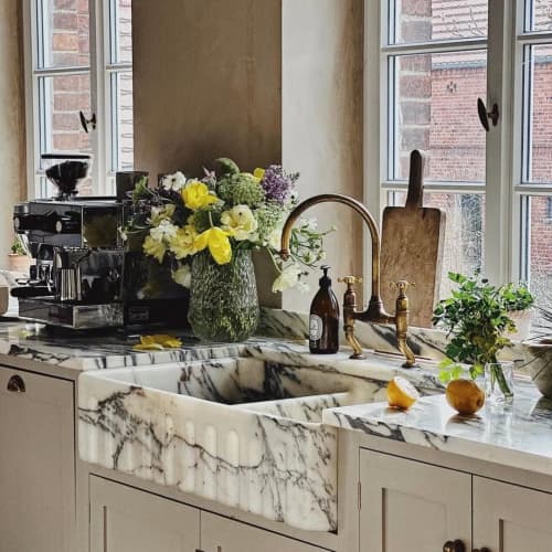 Handmade Marble Farmhouse Kitchen Sink - Double Bowl Apron Front Natural Stone Luxury Custom Design | Water Fixtures by AYMARBLEDESIGN LLC