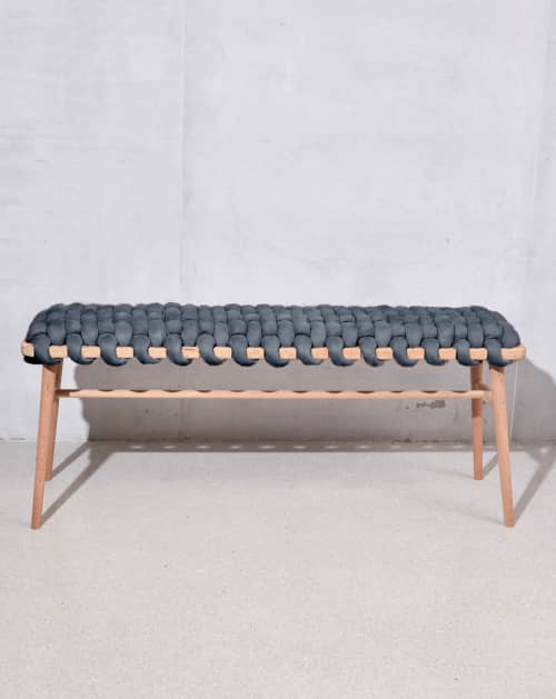 Graphite Vegan Suede Woven Bench | Benches & Ottomans by Knots Studio. Item composed of wood and fabric