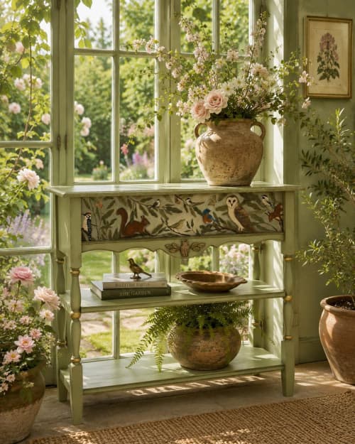 Hand-Painted Woodland Scene Solid Wood Narrow Console Table, Custom Art Furniture, Sage Green Finish | Tables by Birds and Gardens Inc. Item made of wood works with country & farmhouse & eclectic & maximalism style