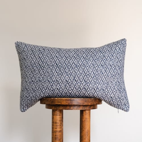Navy Blue Woven Cross Wool Lumbar Pillow 14x22 | Pillows by Vantage Design