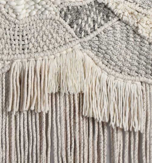 Ivory Grey Hand Knitted Wool Wall Hanging, Boho Textured Tapestry Decor | Wall Hangings by Swiflo