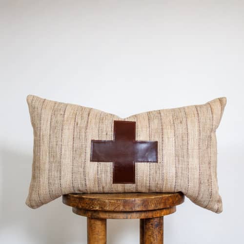 Tan "Jute" Stripes with Dark Chocolate Leather Cross Pillow 12x20 | Pillows by Vantage Design