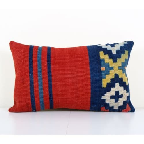 Handmade Organic Wool Lumbar Red Kilim Pillow Cover, Ethnic | Cushion in Pillows by Vintage Pillows Store