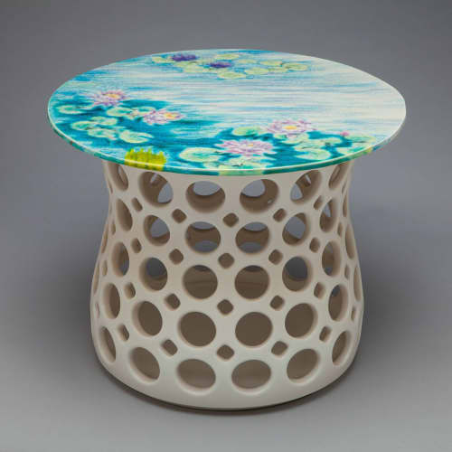 Stout Hourglass Openwork Table with Sue Barry Hand Painted | Side Table in Tables by Lynne Meade. Item made of stoneware