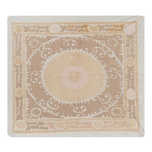 Suzani White Washed Tribal Tapestry - Pink Uzbek Table Cloth | Tablecloth in Linens & Bedding by Vintage Pillows Store