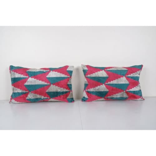 Silk Ikat Velvet Lumbar Pillow Cover, Matching Pink Ikat Lum | Cushion in Pillows by Vintage Pillows Store