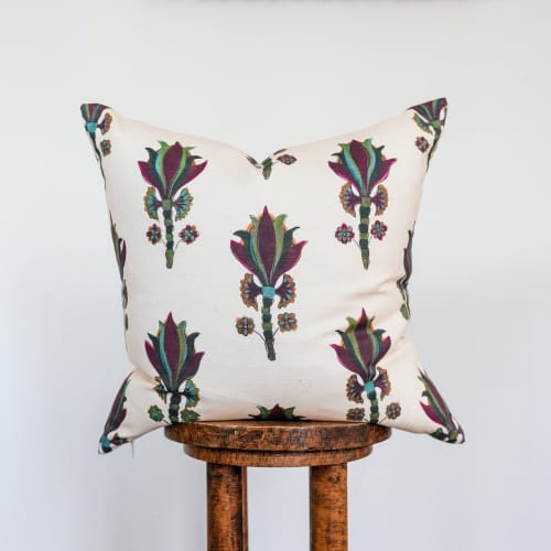 Deep Purple Flower Motif Printed on Linen Pillow 20x20 | Pillows by Vantage Design
