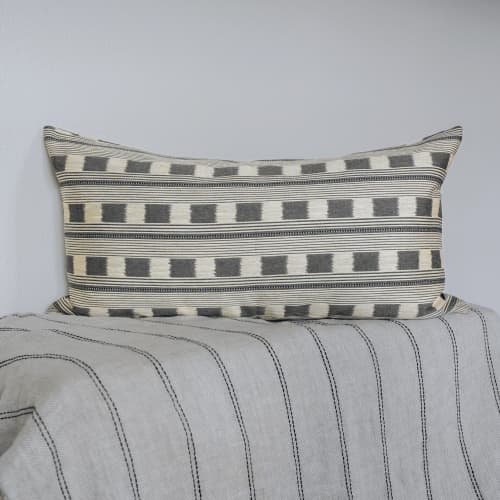 Striped Grey Squares On Natural Linen Pillow Set of 2  - 20x36 | Pillows by Vantage Design