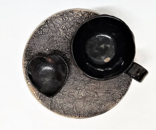 Ceramic Mug With Saucer and Side Heart Plate, Coffee Cup Set | Drinkware by YomYomceramic. Item composed of ceramic