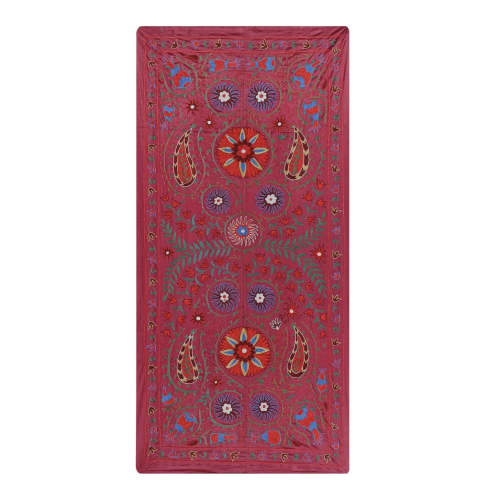 Silk Red Suzani Tapestry With Floral Design, Pictorial Suzan | Tablecloth in Linens & Bedding by Vintage Pillows Store
