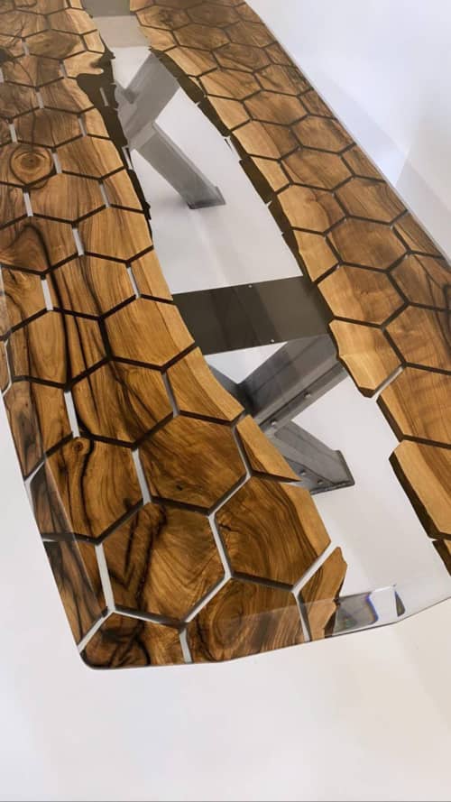 Hexagon Epoxy Resin Table, River Table, Dining Table | Tables by Tinella Collection. Item composed of walnut and metal in contemporary or country & farmhouse style