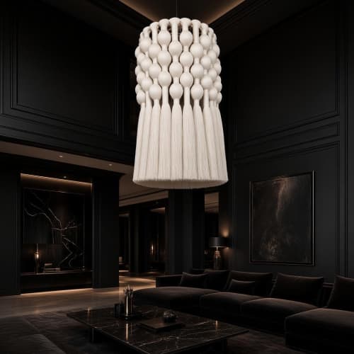 Macrame Chandelier 14x24 Inch, Boho Pendant Light, Tassel Ceiling Lamp, Modern Fiber Art Lighting | Chandeliers by İnanç Yılmaz