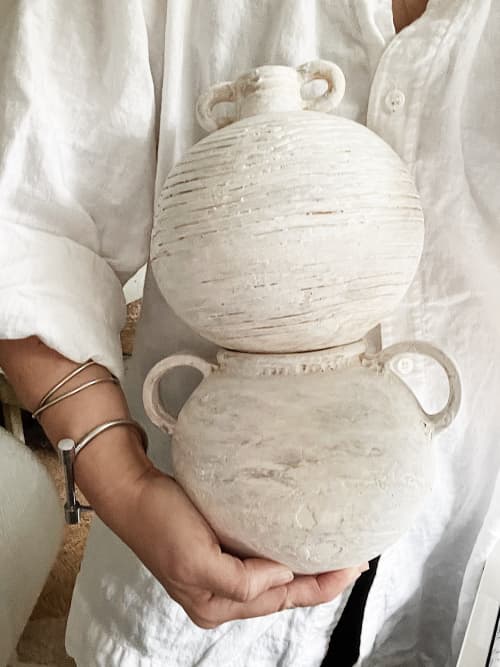 Handmade Ceramic Wide Banded Vessel Neutral | Vase in Vases & Vessels by MUDDY HEART. Item made of ceramic works with minimalism & country & farmhouse style