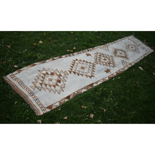 Hand-Knotted White Wool Turkish Kurdish Herki Runner | Runner Rug in Rugs by Vintage Pillows Store. Item made of cotton with fiber