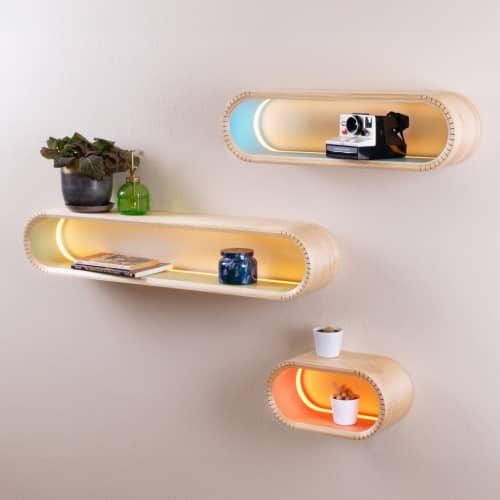 LED Floating Shelf: Bent Wood Wall Display with Colorful Interior | Shelving in Storage by Spacecraft Furnishing