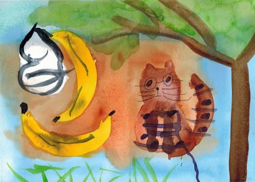 Danny the Cat with Bananas and Cheese - Original Watercolor | Watercolor Painting in Paintings by Rita Winkler - My Art, My Shop - Where Every Stroke Speaks of Joy and Inclusion (watercolors by artist who has Down syndrome). Item composed of paper in contemporary or modern style