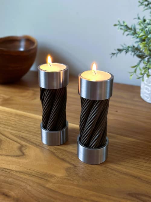 Recycled Ski Chairlift Cable Tea Light Holder Pair | Candle Holder in Decorative Objects by industrial comfort. Item composed of steel compatible with contemporary and industrial style