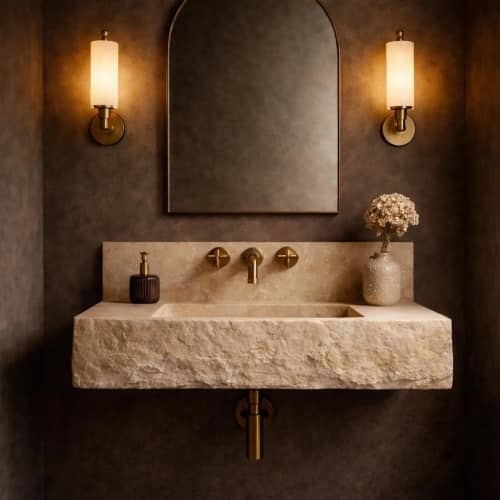 Floating Travertine Stone Sink with Backsplash | Custom Wall Mounted Vanity | Water Fixtures by Vero Marble