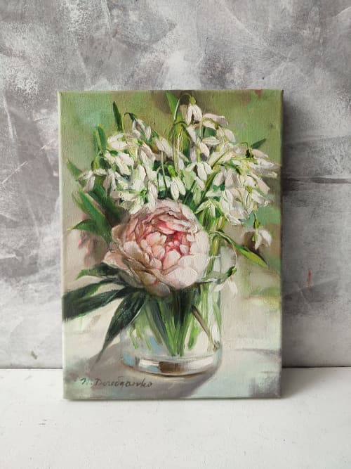 Snowdrops painting canvas original, Peony Flower oil wall | Oil And Acrylic Painting in Paintings by Natart. Item composed of canvas and synthetic in contemporary style