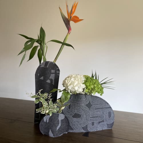 Vase Sleeve Trio Merino Wool 'Rake', 'Fragment', Charcoal | Vases & Vessels by Lorraine Tuson