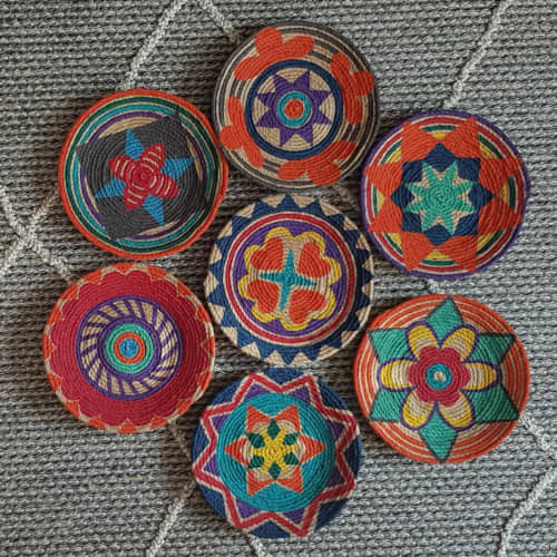 Set of 7 Woven Basket Wall Decor | Ornament in Decorative Objects by Sarmal Design. Item made of cotton with synthetic works with boho & contemporary style