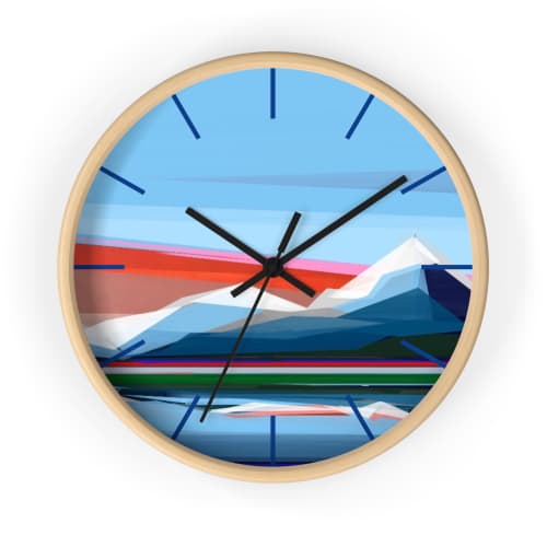 Reflection - Mountain Clock Colorful 10 Inch | Shilo Ratner | Oil And Acrylic Painting in Paintings by Shilo Ratner