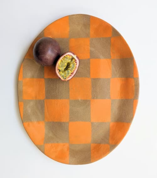 Orange Check Oval Serving Platter | Serveware by Rosie Gore. Item made of ceramic