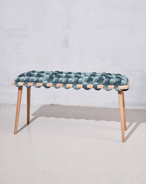 Sage Velvet Woven Bench | Benches & Ottomans by Knots Studio. Item made of walnut & cotton