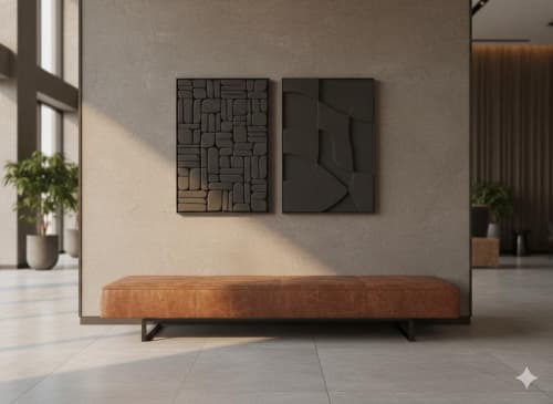 Diptych Wall Art Set (2 pieces) - Modern Textured Plaster Sculptures - Black Bas Relief Decor - Housewarming Gift | Wall Sculpture in Wall Hangings by Vaiva Art Atelier