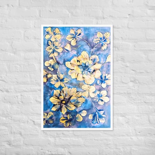 Framed Print – Iris Lake – Blue and Gold Floral Wall Art | Work by Eman's Gallery